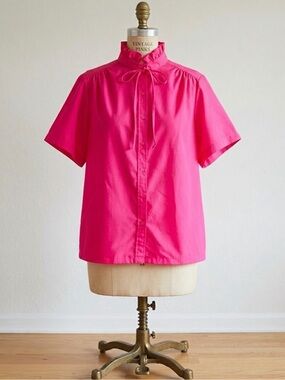 Vintage 70s Alicia Hot Pink High Ruffle Neck Tie Blouse Top Barbiecore Sz 42 XL